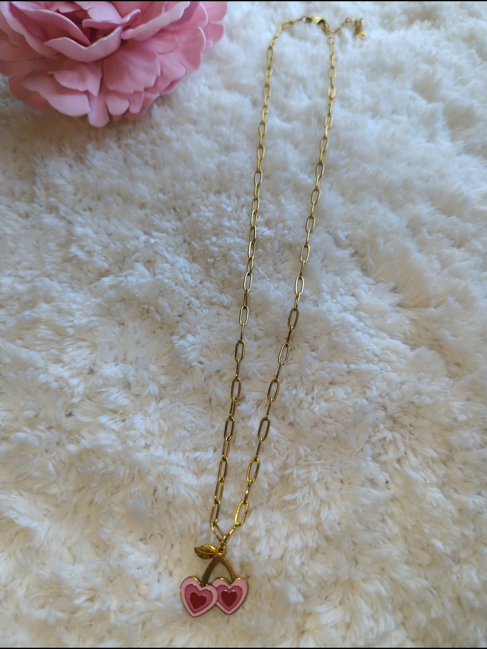 Gold Chain Necklace with Pink Cherry Heart Pendant - Women Jewelry 18K Gold Pltd